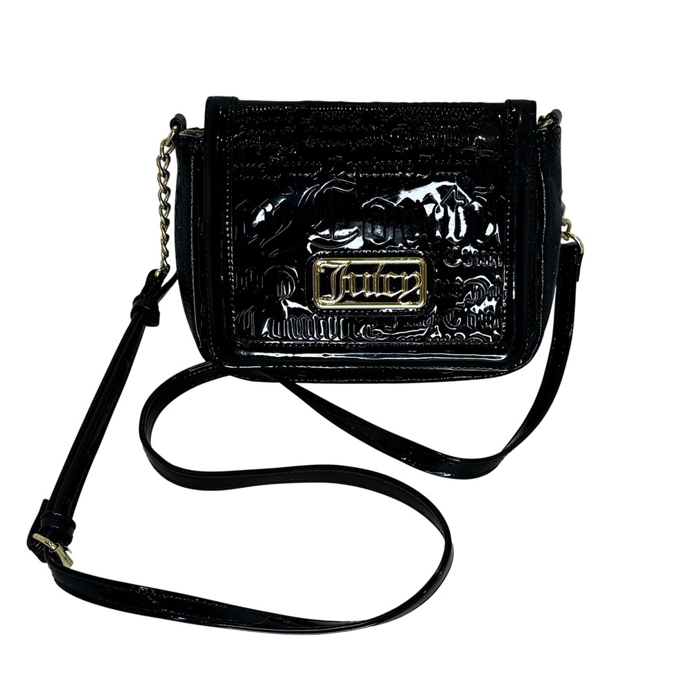 Juicy Couture Black Patent Embellished Flap Crossbody Shoulder Bag Gold Hardware